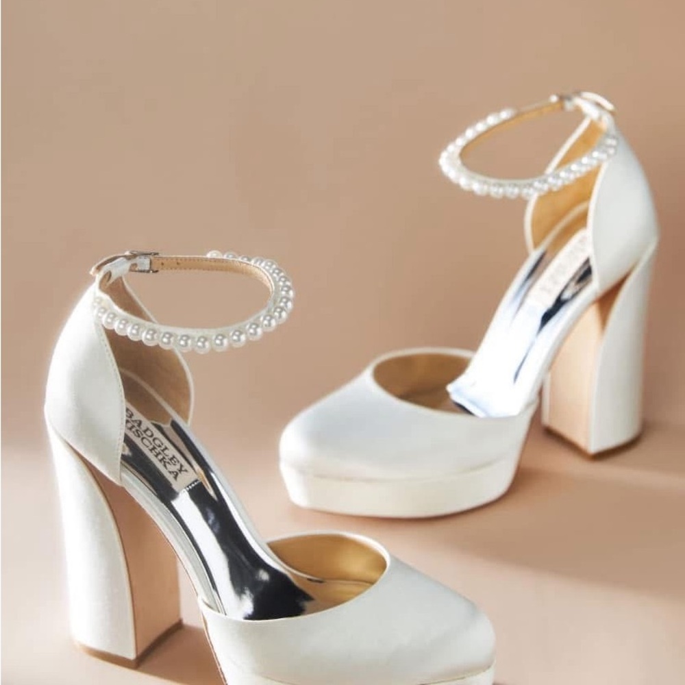 Badgley Mischka White Heels with Pearl Ankle Strap - Never Worn!
